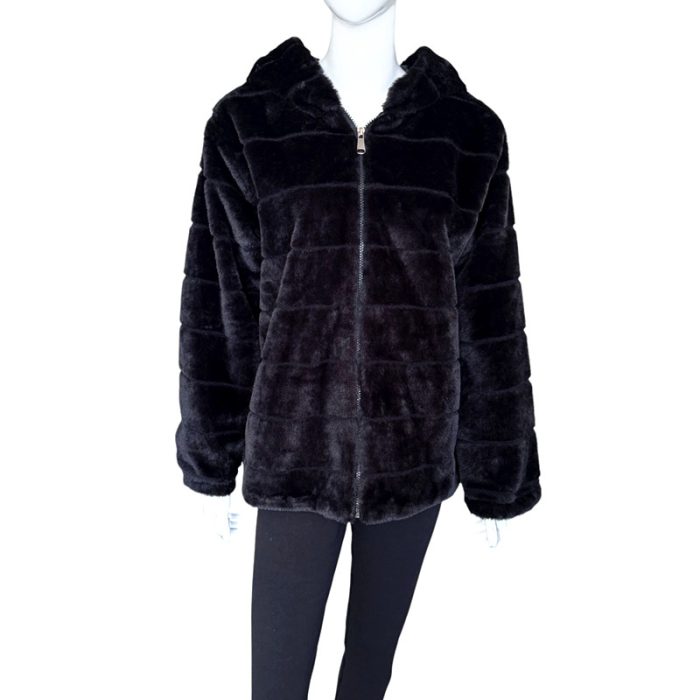 Hooded Faux Fur Jacket with Zip and Hiding Pockets - S/M & L/XL