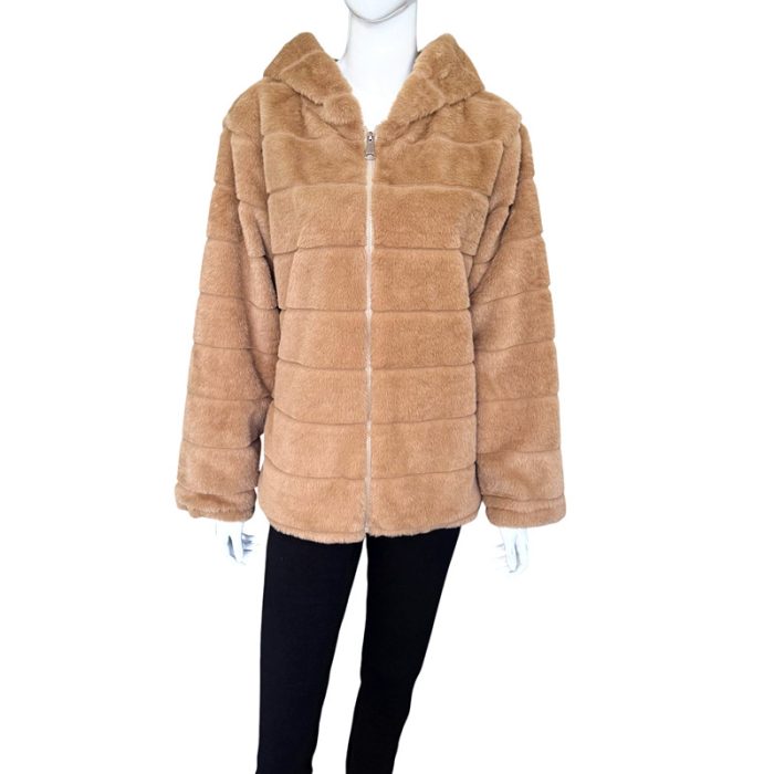Hooded Faux Fur Jacket with Zip and Hiding Pockets - S/M & L/XL