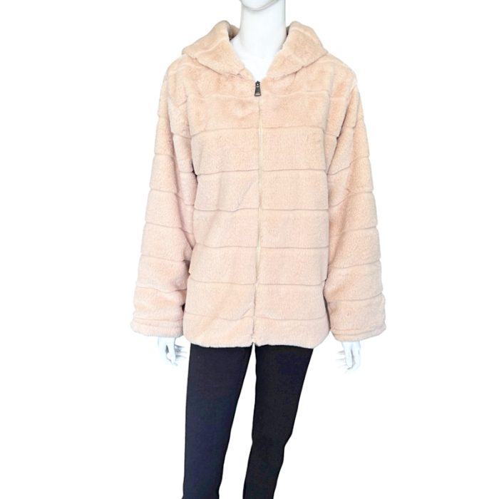 Hooded Faux Fur Jacket with Zip and Hiding Pockets - S/M & L/XL