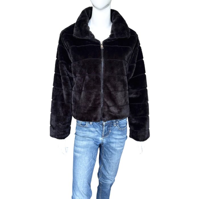 Collared Faux Fur Jacket with Zip and Hiding Pockets - S/M & L/XL