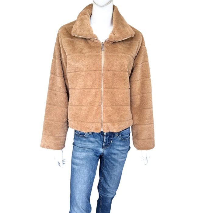 Collared Faux Fur Jacket with Zip and Hiding Pockets - S/M & L/XL