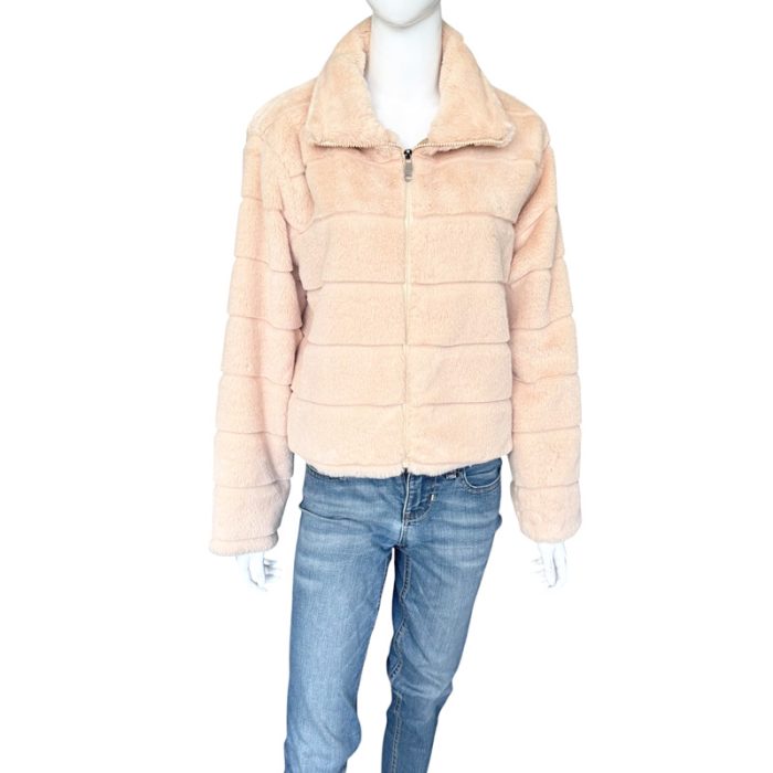 Collared Faux Fur Jacket with Zip and Hiding Pockets - S/M & L/XL