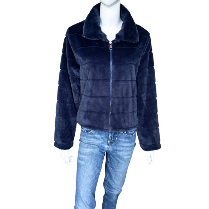 Collared Faux Fur Jacket with Zip and Hiding Pockets - S/M & L/XL