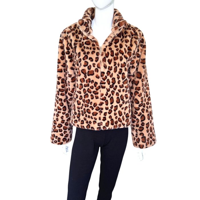 Animal Print Faux Fur Jacket with Zip and Hiding Pockets - S/M & L/XL