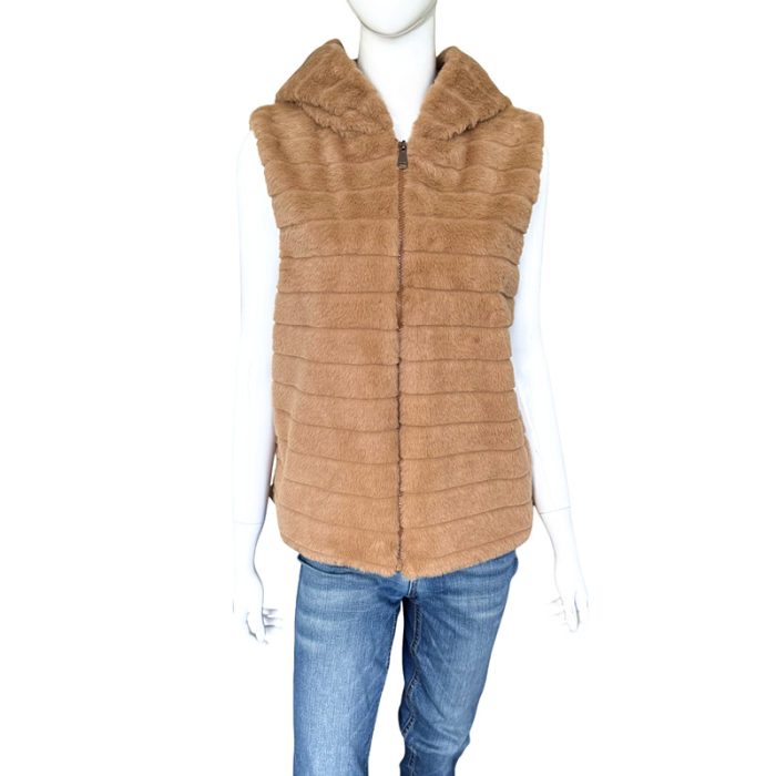 Hooded Faux Fur Vest with Zip and Hiding Pockets - S/M & L/XL