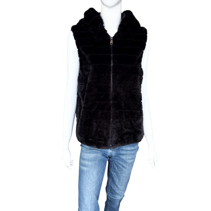 Hooded Faux Fur Vest with Zip and Hiding Pockets - S/M & L/XL