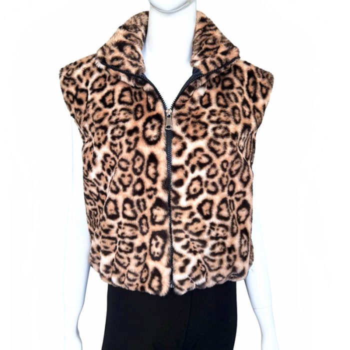 Cute Faux Fur Animal Print Vest with Zip and Hiding Pockets - S/M & L/XL