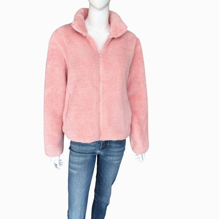 Fluffy Teddy Fur Full-Zip Stand Collar Jacket with Two Pockets - Set 1 (S/M/L/XL)