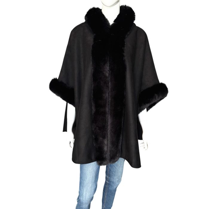 Suede Hooded Poncho with Faux Fur Trim