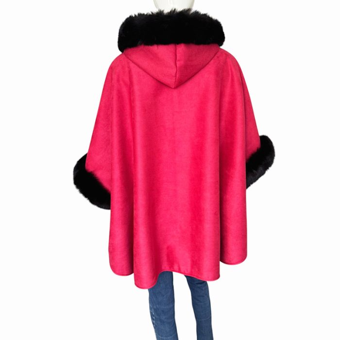 Suede Hooded Poncho with Faux Fur Trim - Image 2
