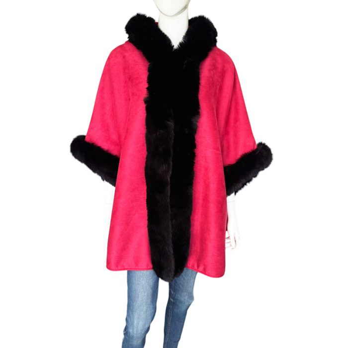 Suede Hooded Poncho with Faux Fur Trim