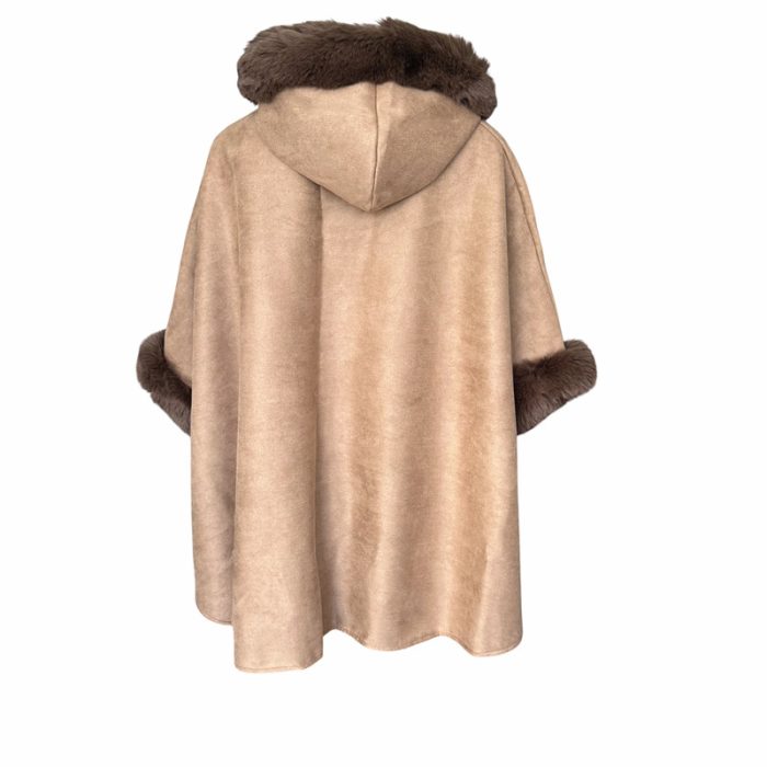 Suede Hooded Poncho with Faux Fur Trim - Image 2