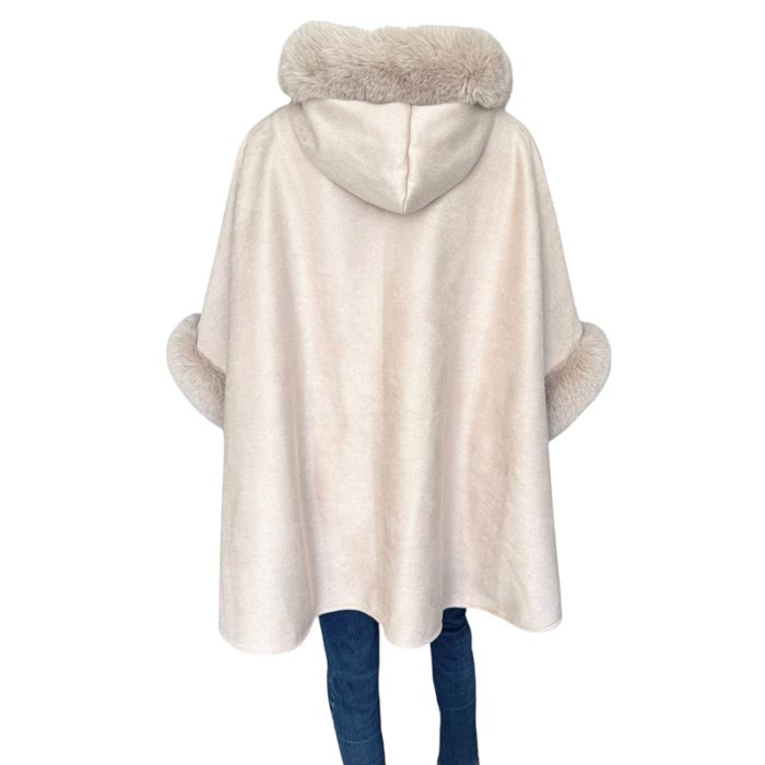 Suede Hooded Poncho with Faux Fur Trim - Image 2