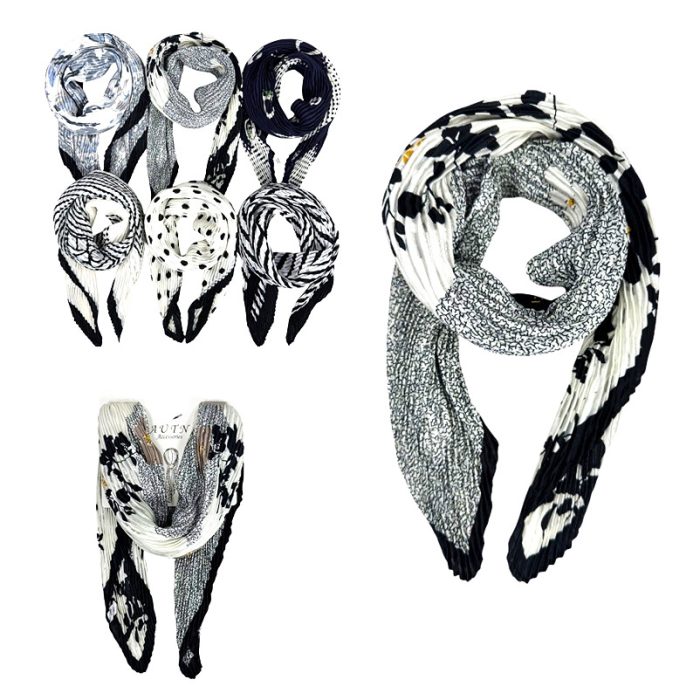 Black/White Pleated Multi Function Neckerchief/Headband/Bandanna/Bag-Tie with Display Hanger. Assorted 6pcs/set. One of Each.