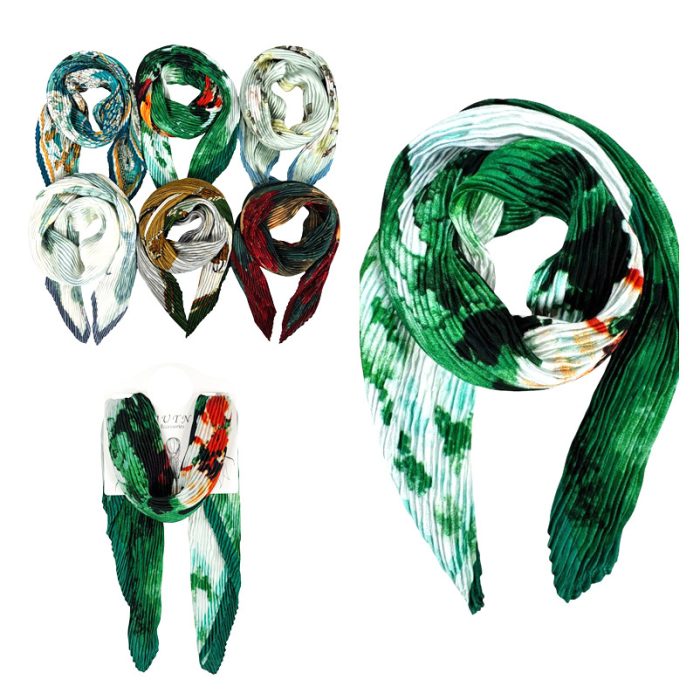 Green Pleated Multi Function Neckerchief/Headband/Bandanna/Bag-Tie with Display Hanger. Assorted 6pcs/set. One of Each.