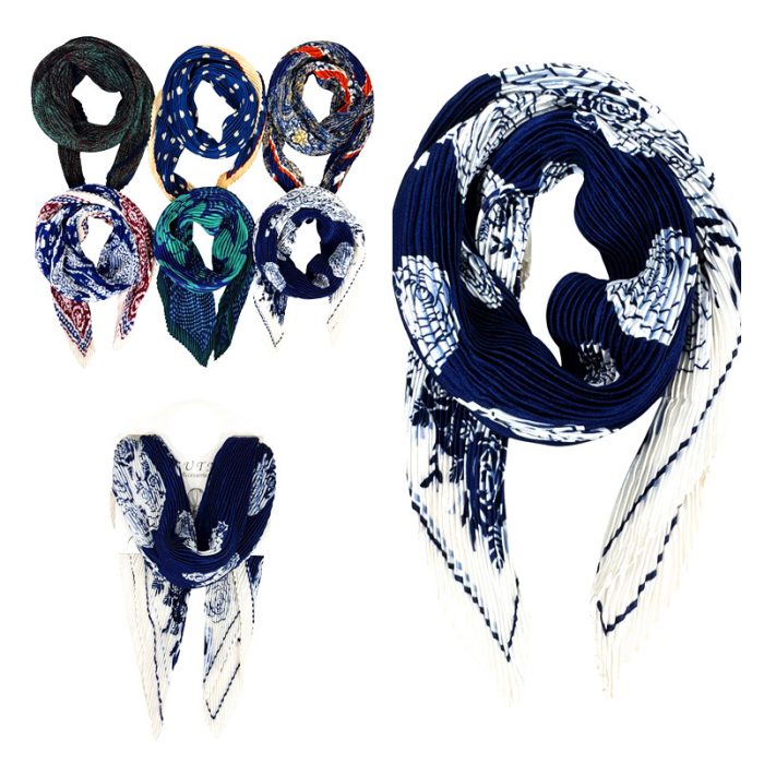 Navy Pleated Multi Function Neckerchief/Headband/Bandanna/Bag-Tie with Display Hanger. Assorted 6pcs/set. One of Each.