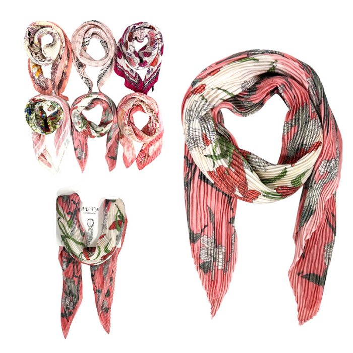 Pink Pleated Multi Function Neckerchief/Headband/Bandanna/Bag-Tie with Display Hanger. Assorted 6pcs/set. One of Each.