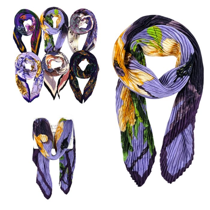 Purple Pleated Multi Function Neckerchief/Headband/Bandanna/Bag-Tie with Display Hanger. Assorted 6pcs/set. One of Each.