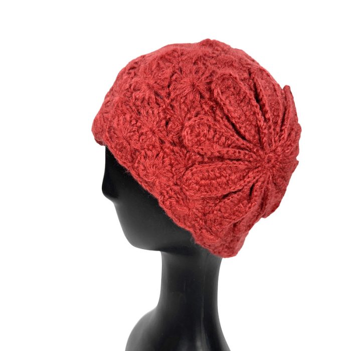 Hand Knitted Beanie with Flower Deco (Size may vary slightly)