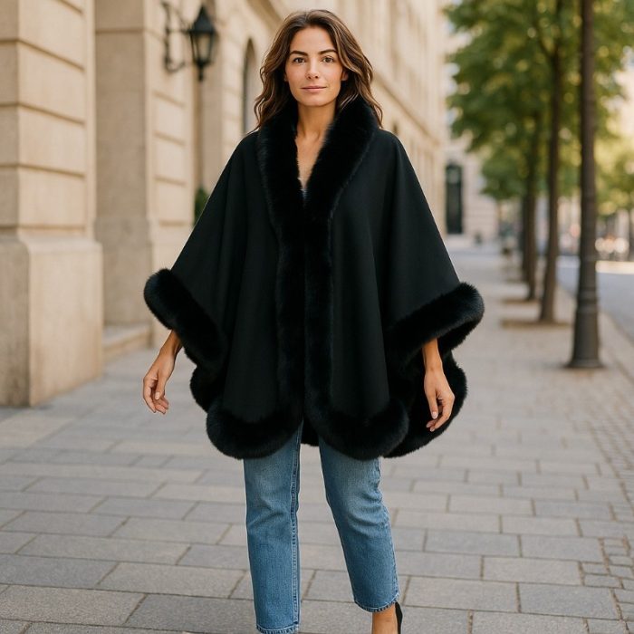 Stylish Jumbo Cape with Faux Fur Trim