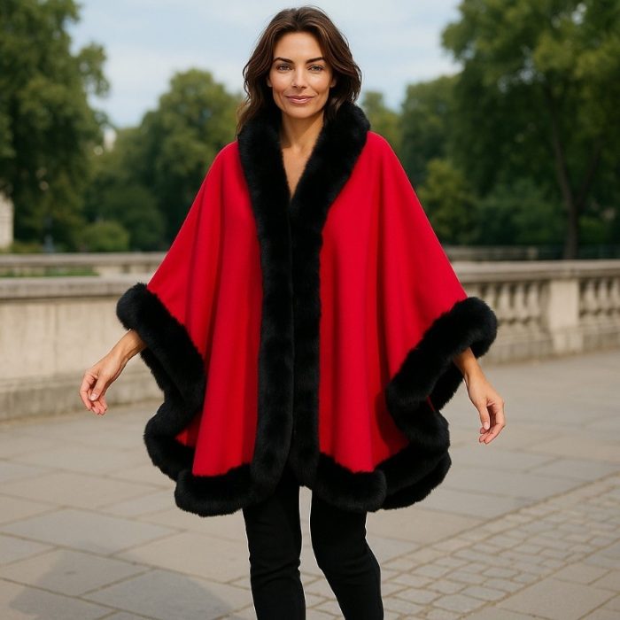 Stylish Jumbo Cape with Faux Fur Trim
