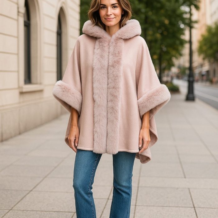Suede Hooded Poncho with Faux Fur Trim