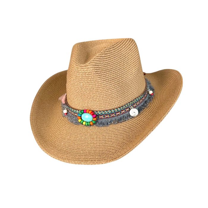 Wide Brim Cowboy Hat with Rainbow and Turquoise Band