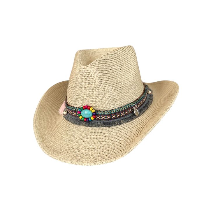 Wide Brim Cowboy Hat with Rainbow and Turquoise Band