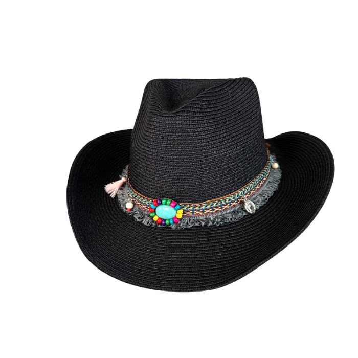 Wide Brim Cowboy Hat with Rainbow and Turquoise Band